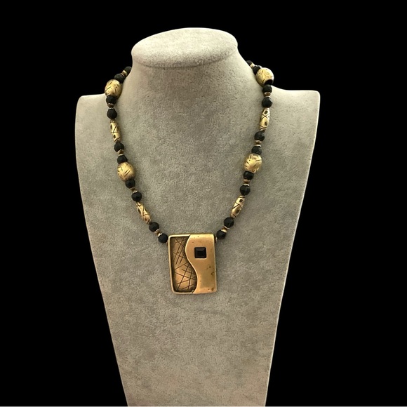 Chico's Heavy Gold Tone Brass and Black Bead Statement Necklace - Picture 1 of 8